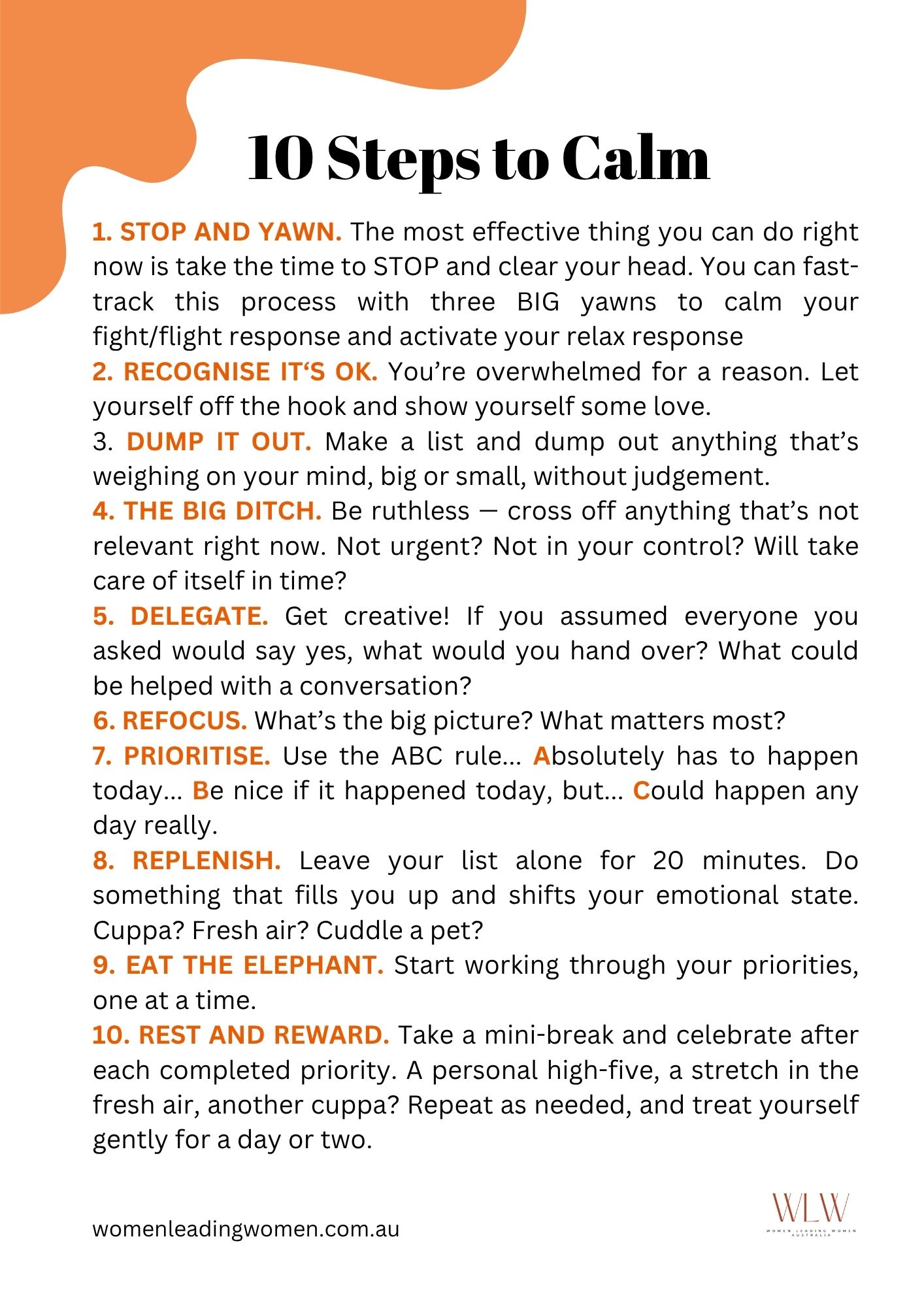 A visual guide showing the 10 Steps to Calm, a quick process to help executive women reduce overwhelm and regain emotional clarity.
