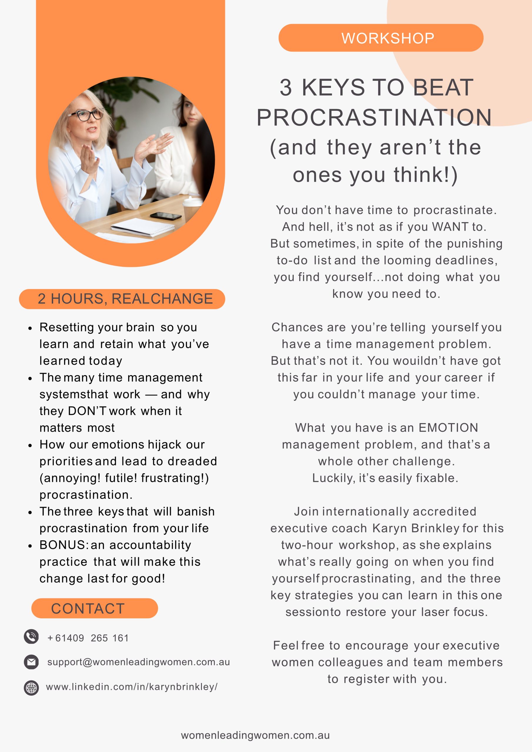 Beat Procrastination Workshop for Executive Women Beat Procrastination workshop prospectus for executive women seeking emotional and productivity strategies