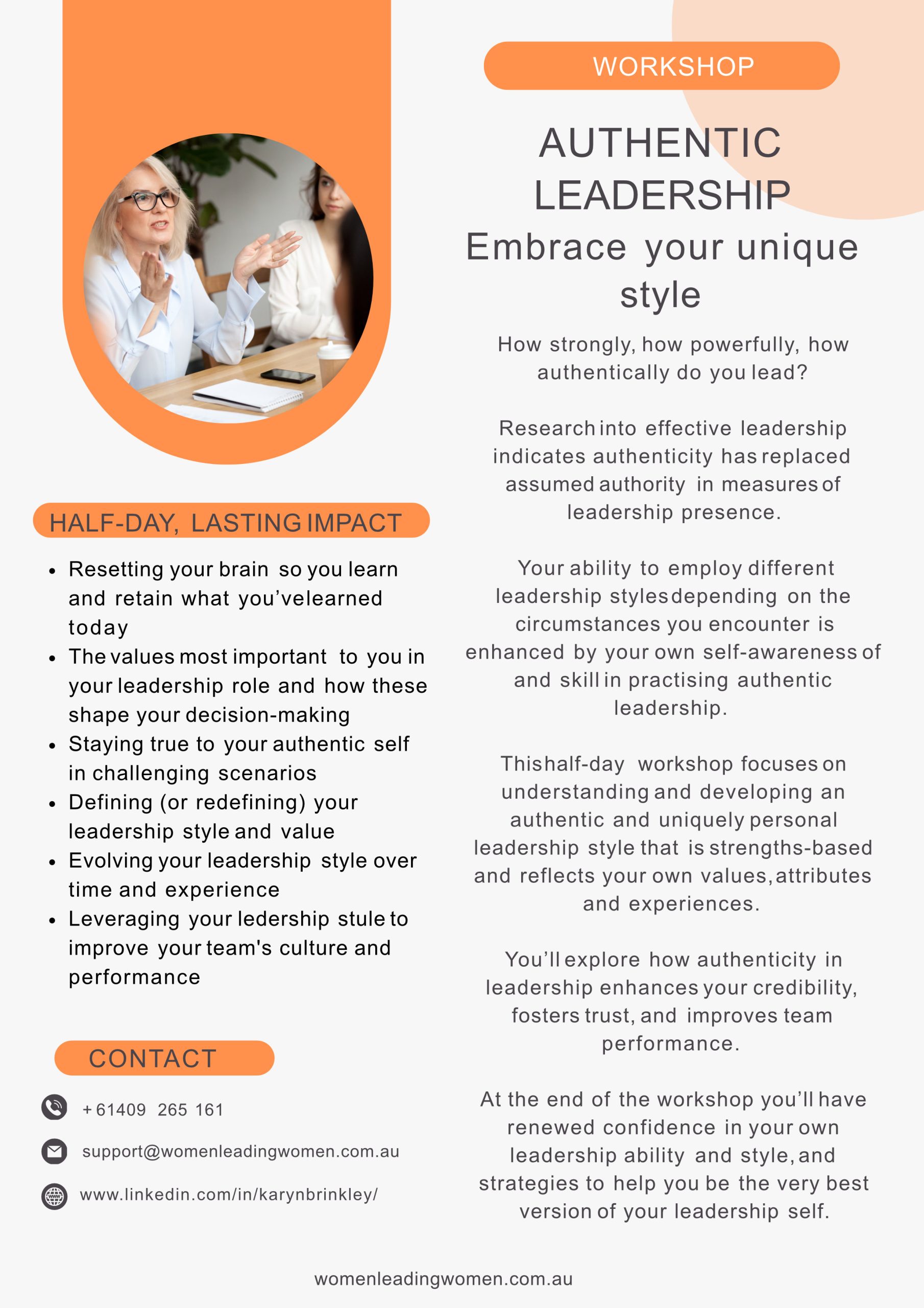 Authentic Leadership Workshop for Executive Women Authentic Leadership workshop prospectus for executive women wanting to develop their unique leadership style