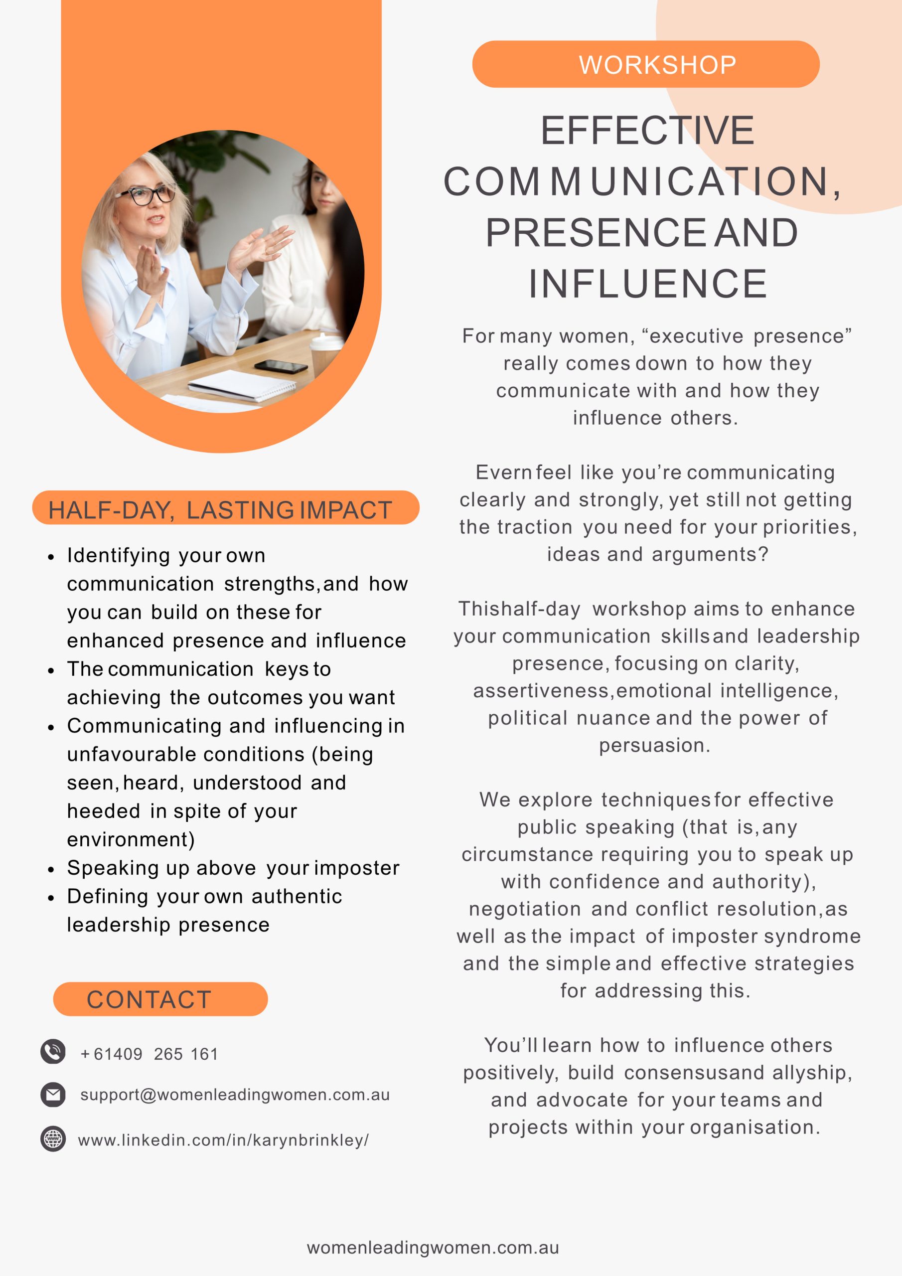 Effective Communication, Presence and Influence Workshop Effective Communication, Presence and Influence workshop prospectus for executive women leaders