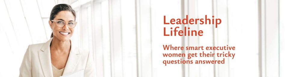 Leadership Lifeline newsletter banner featuring a smiling executive woman in a bright office setting.