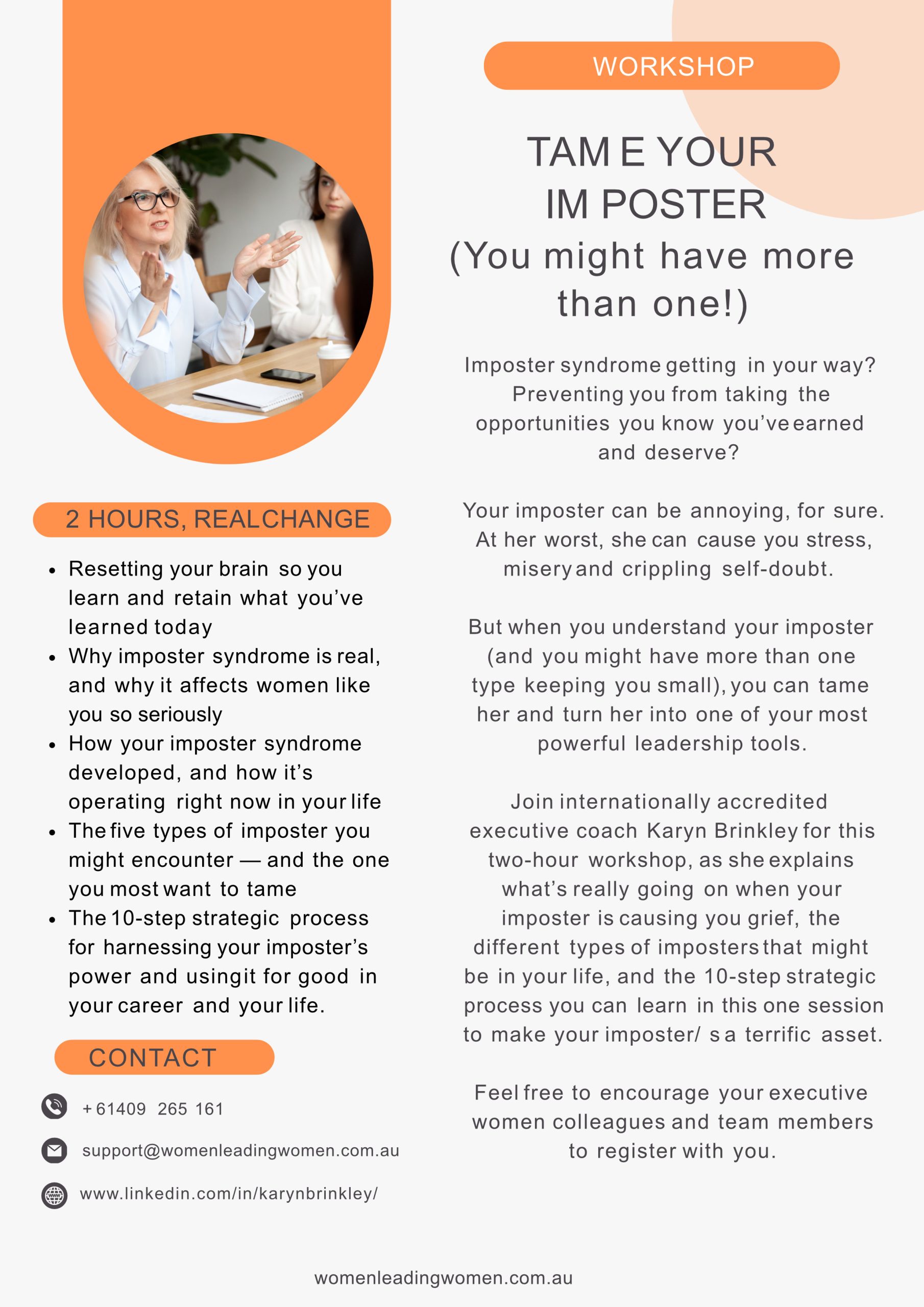 Tame Your Imposter Workshop for Executive Women Tame Your Imposter workshop prospectus for executive women wanting to overcome imposter syndrome